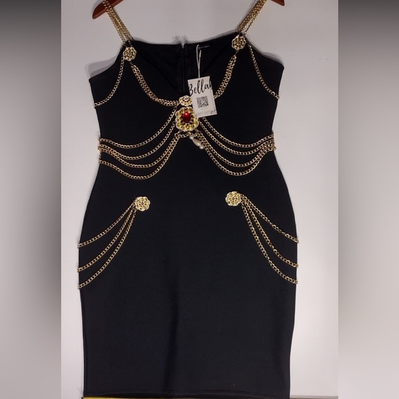 Abella Dresses & Skirts - Bella Black Dress with Gold Chain Accents size M brand new w tags